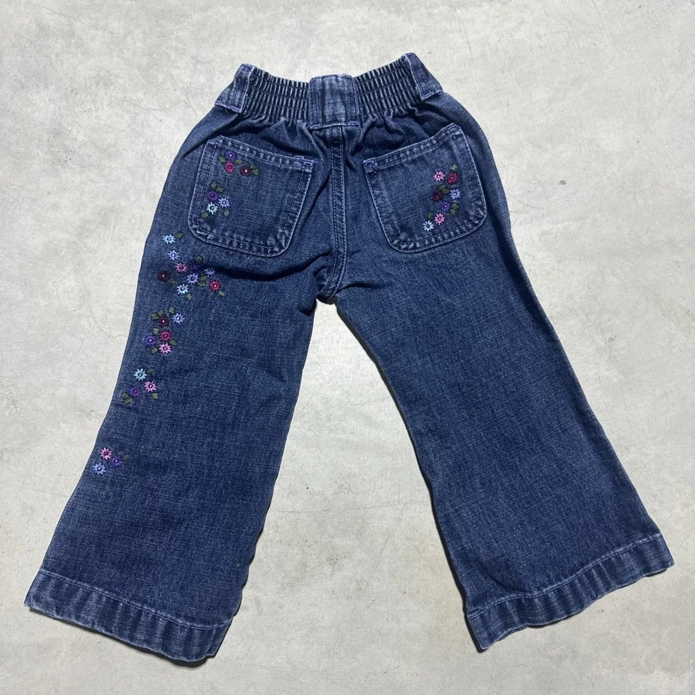 Vintage Oshkosh Toddler Girls Jean Flare Embroidered Flower Pants SZ 2T